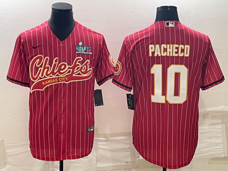 Men's Kansas City Chiefs #10 Isiah Pacheco Red With Super Bowl LVII Patch Cool Base Stitched Baseball Jersey Men's Kansas City Chiefs #10 Isiah Pacheco Red With Super Bowl LVII Patch Cool Base Stitched Baseball Jersey